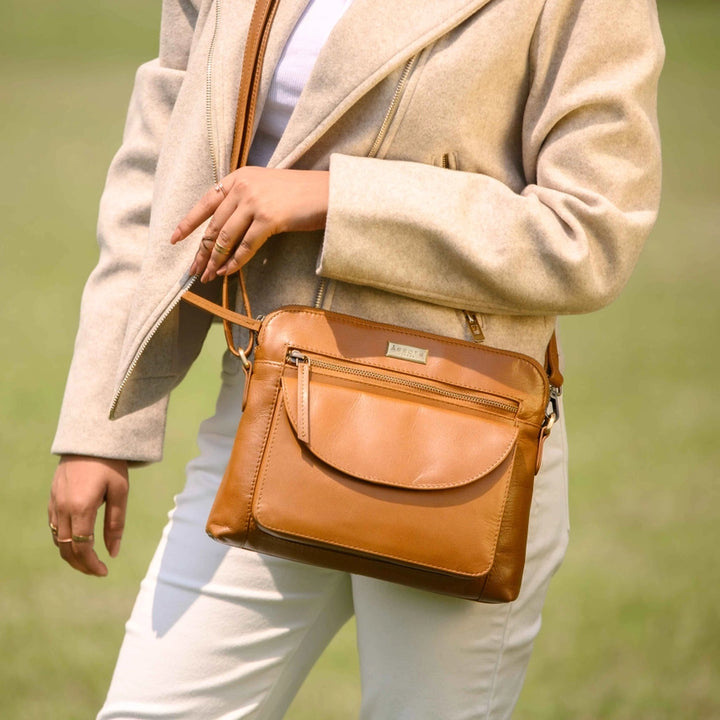 Genuine Tan Leather Crossbody