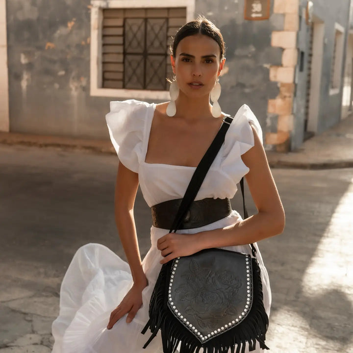 Akaroa Rose Fringed Leather Shoulder Bag | Handcrafted