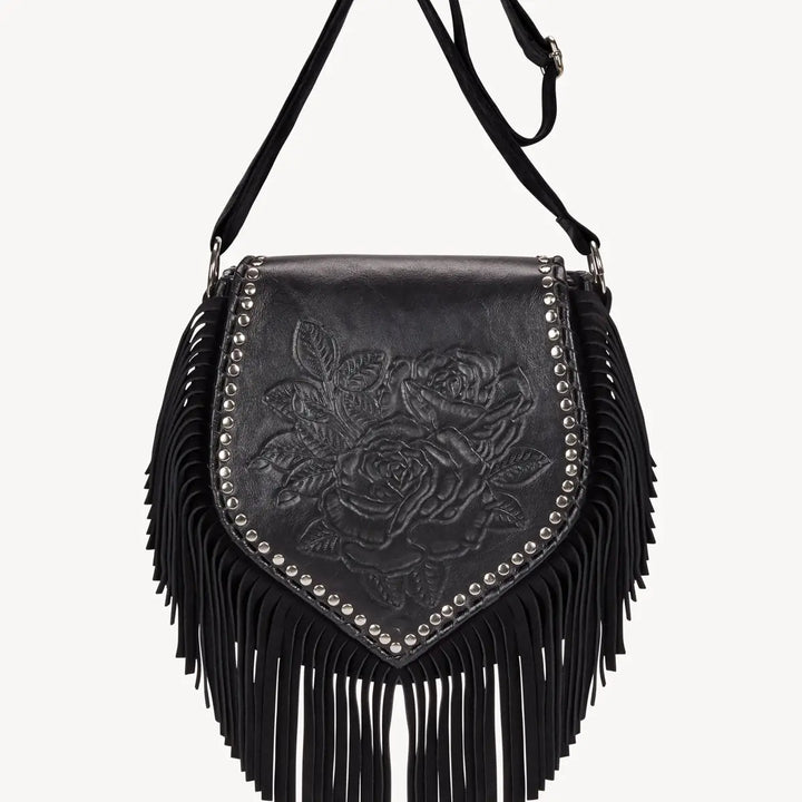 Akaroa Rose Fringed Leather Shoulder Bag | Handcrafted