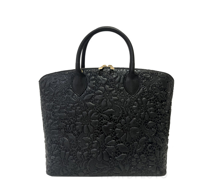 Italian leather handbag in black crafted in Italy from printed suede and Palmellato leather by Fior di Loto.
