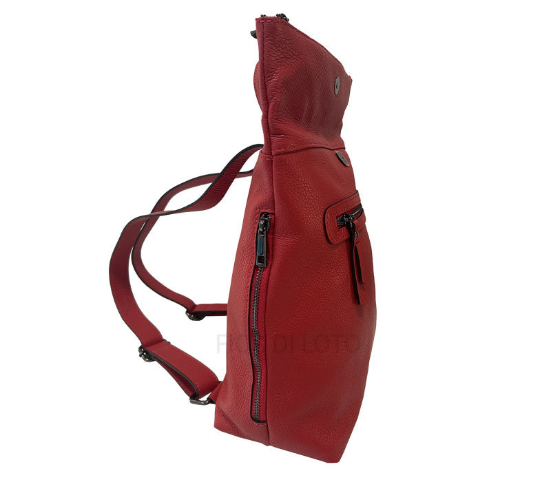 Side view of Italian leather backpack made in Italy from genuine Dollar leather with zippered pocket.