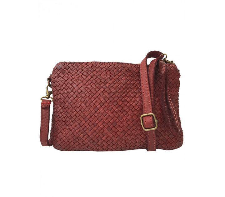 Italian Leather Woven Shoulder Bag-Red