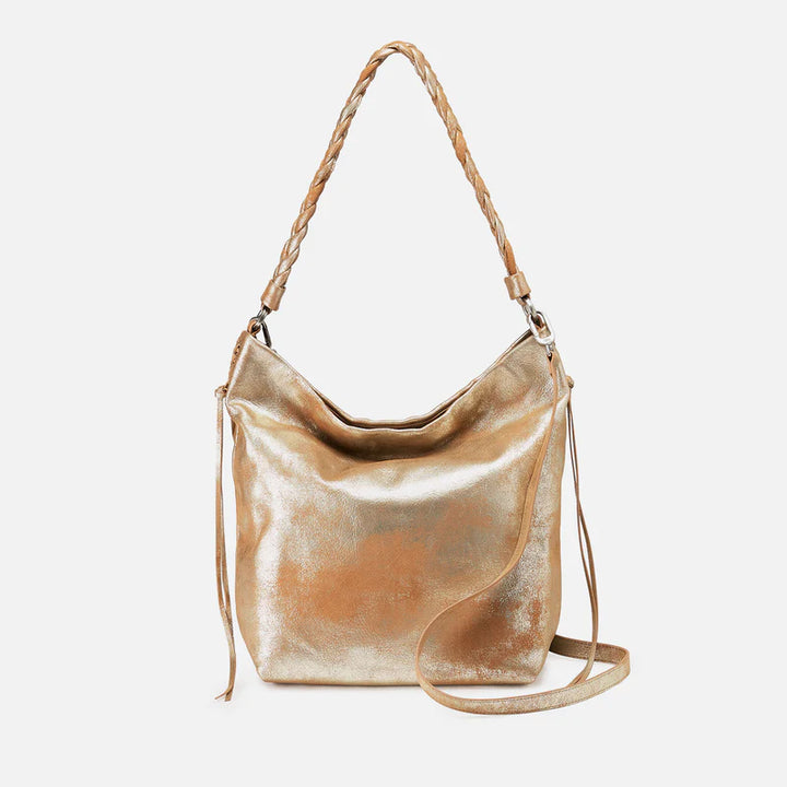 Front view of HOBO shoulder bag in Saddle Stardust metallic leather