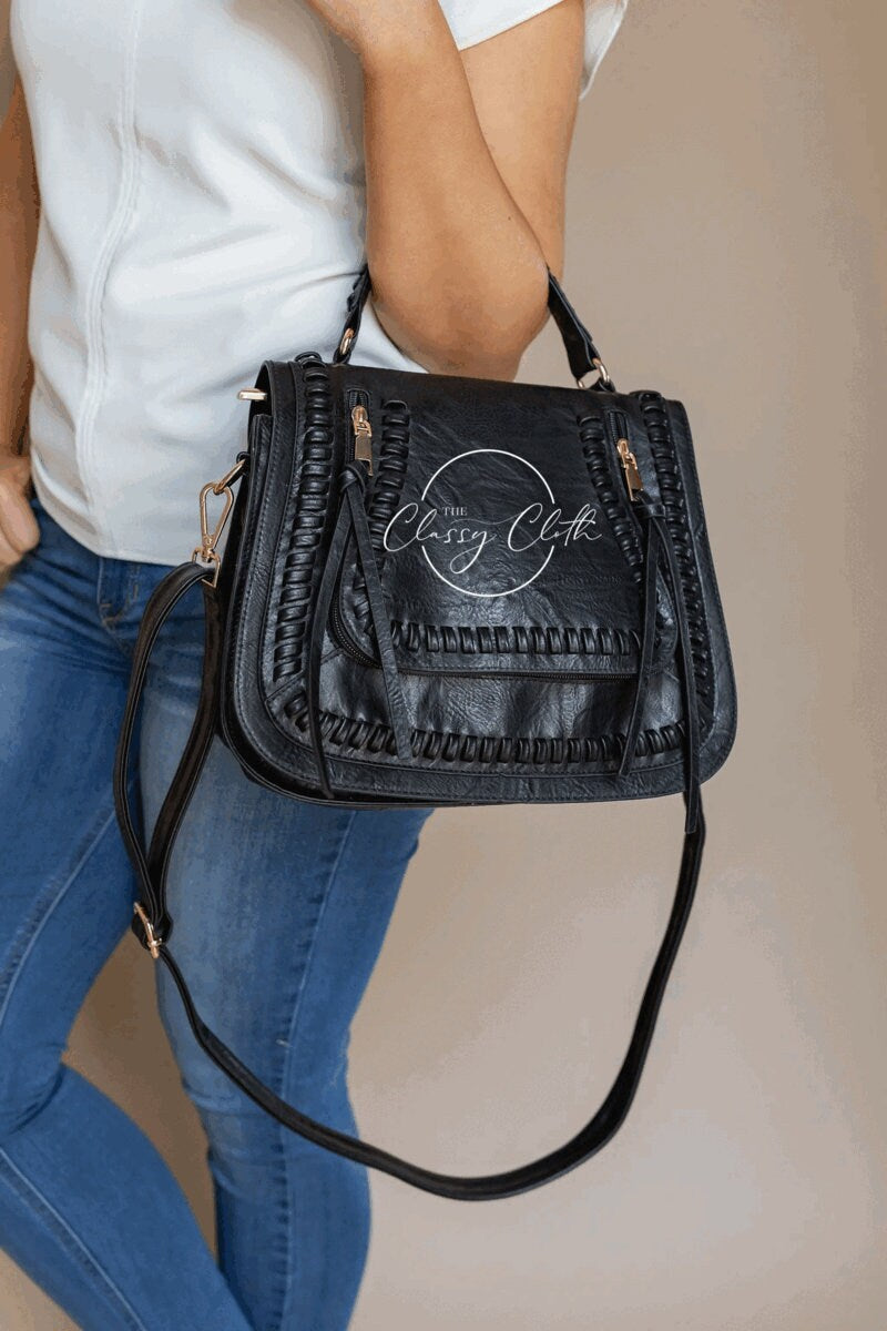 Modern Black Handbag with Crossbody Strap