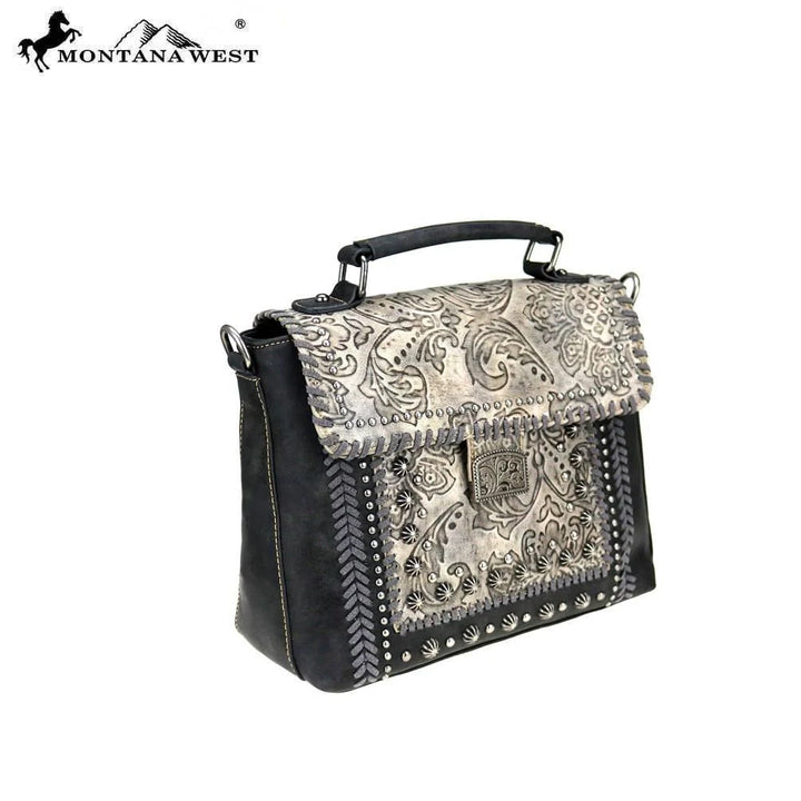 Tooled Leather Studded Crossbody Handbag