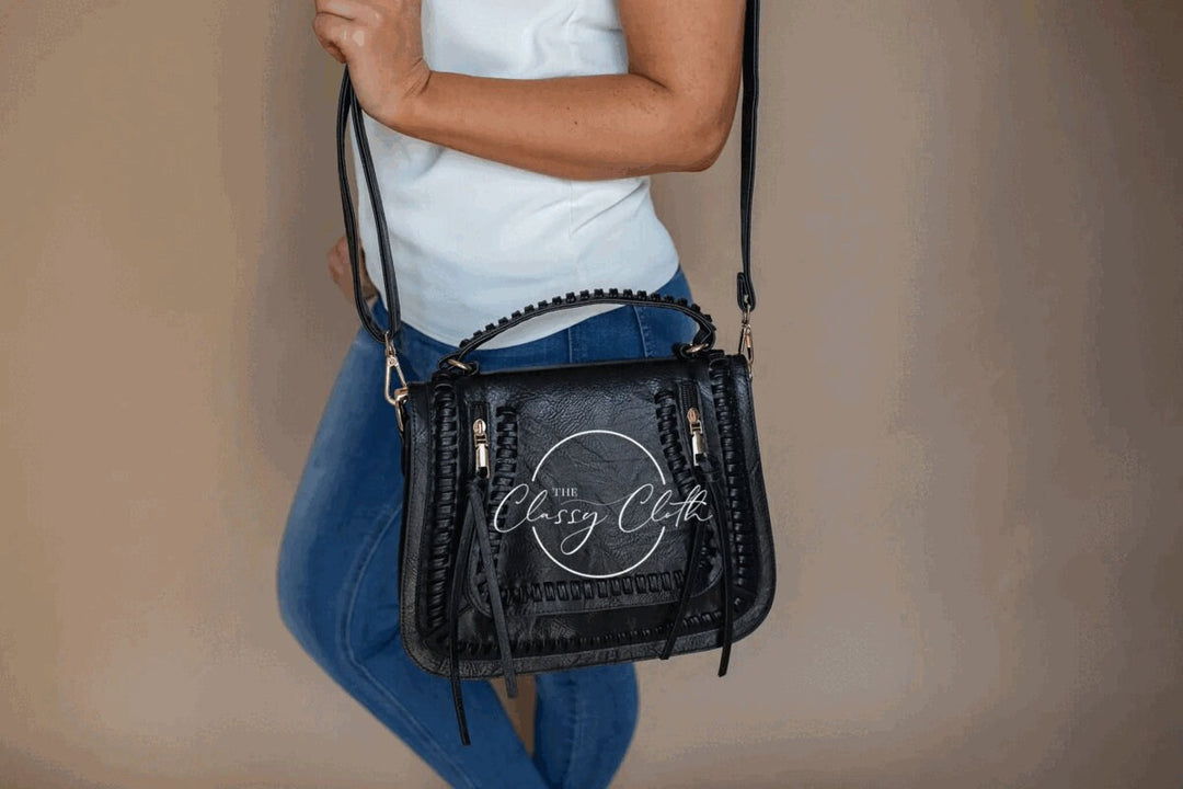 Modern Black Handbag with Crossbody Strap