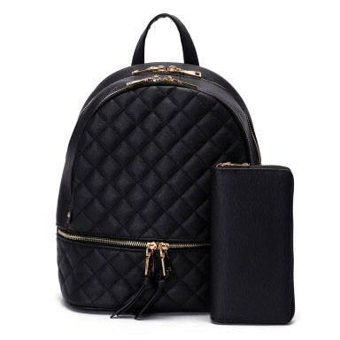 Quilted Backpack & Wallet Set-Black