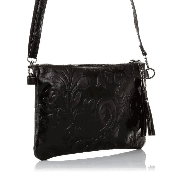 Italian Leather Suede Engraved Black Shoulder Bag