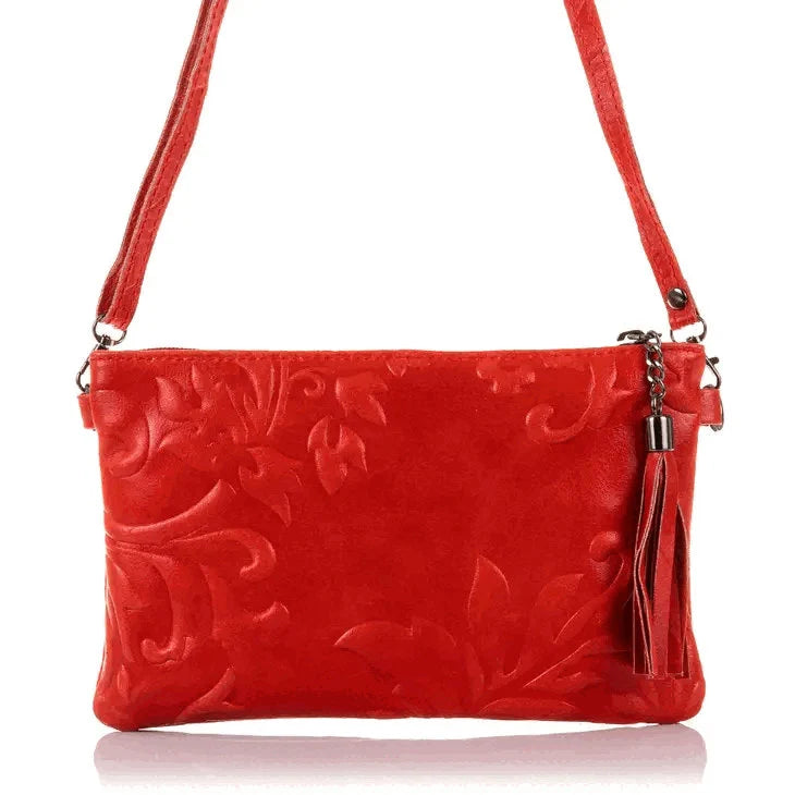 Italian Leather Suede Engraved Red Shoulder Bag