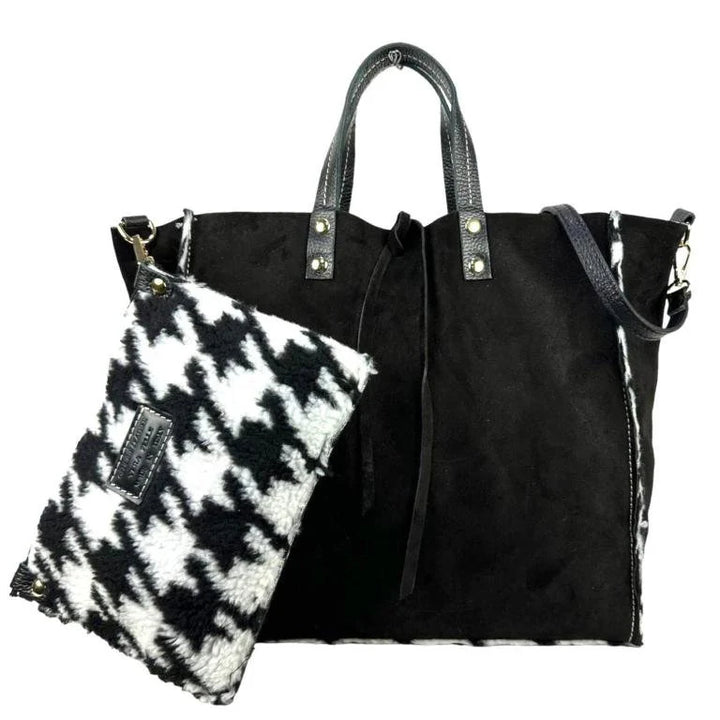 Italian Suede Leather Shopper Black Handbag Set