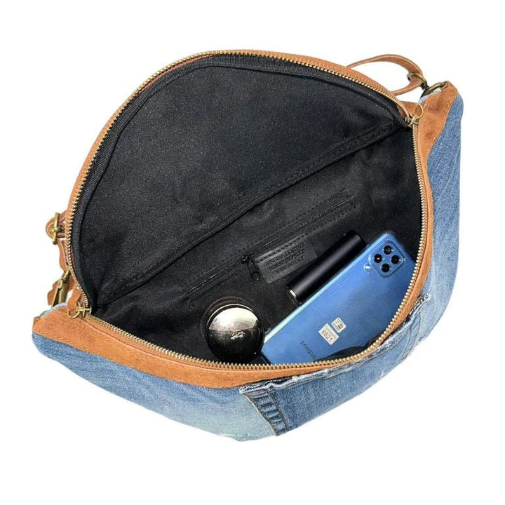 Italian Leather & Denim Sling Shoulder Bag