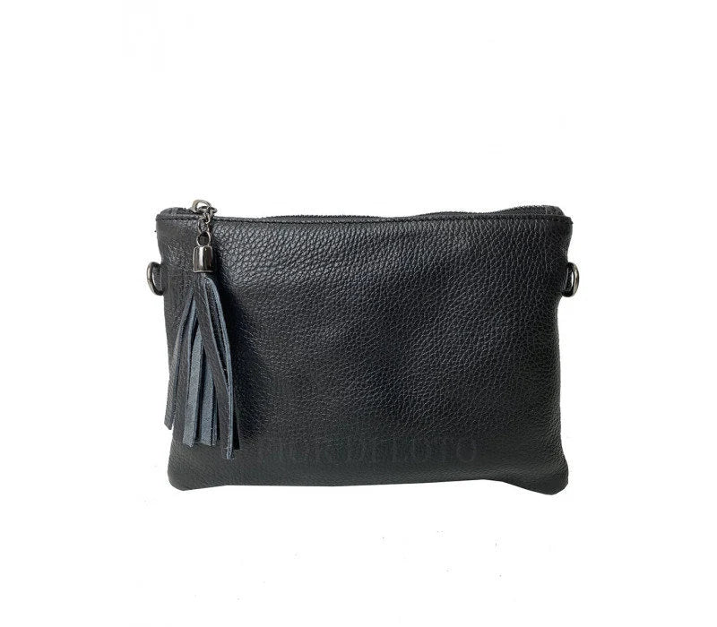 Italian Leather Black Shoulder Bag Wristlet