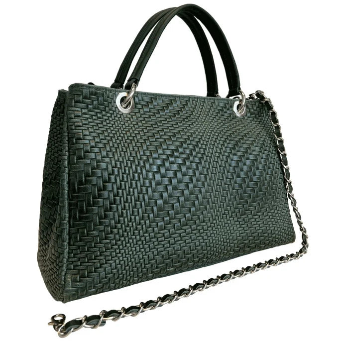 Italian Leather Woven Black Handbag