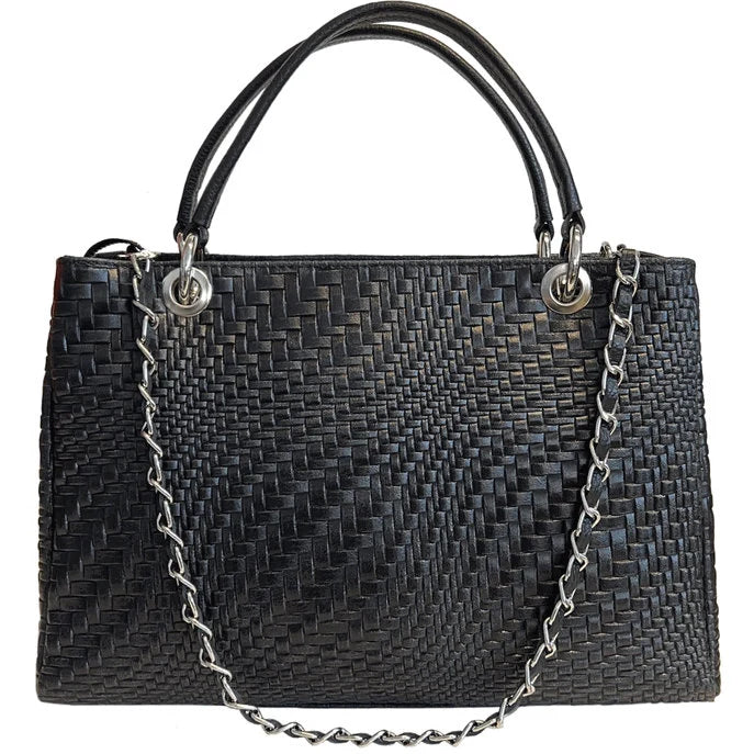 Italian Leather Woven Black Handbag