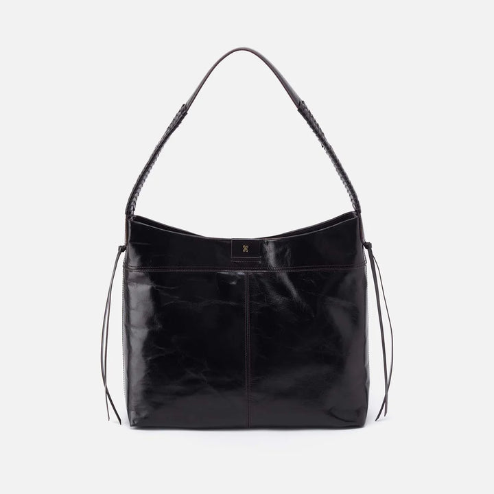 Front view of ROMY HOBO shoulder bag in black full-grain leather, handmade in USA