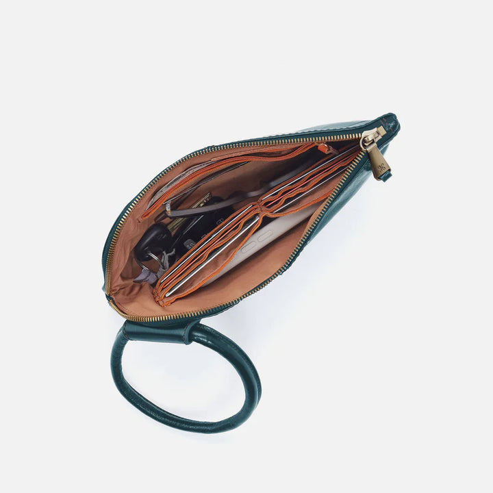 Top view of HOBO Sable Wristlet Wild Bluegrass with open zipper and interior lining