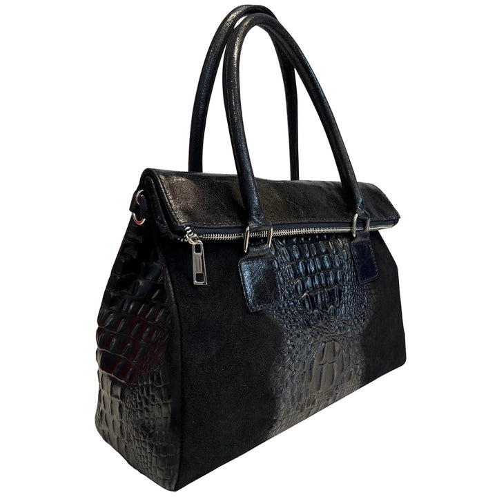 Side view of Italian leather handbag with shoulder strap showing structured profile.