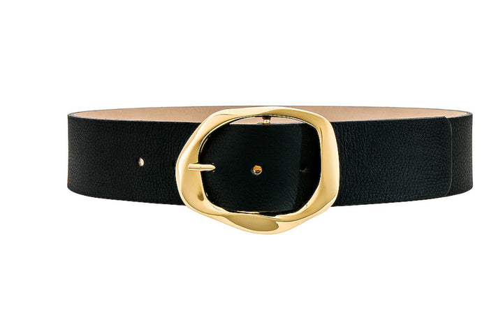 Crista Sculptural Gold Buckle Leather Belt — Black