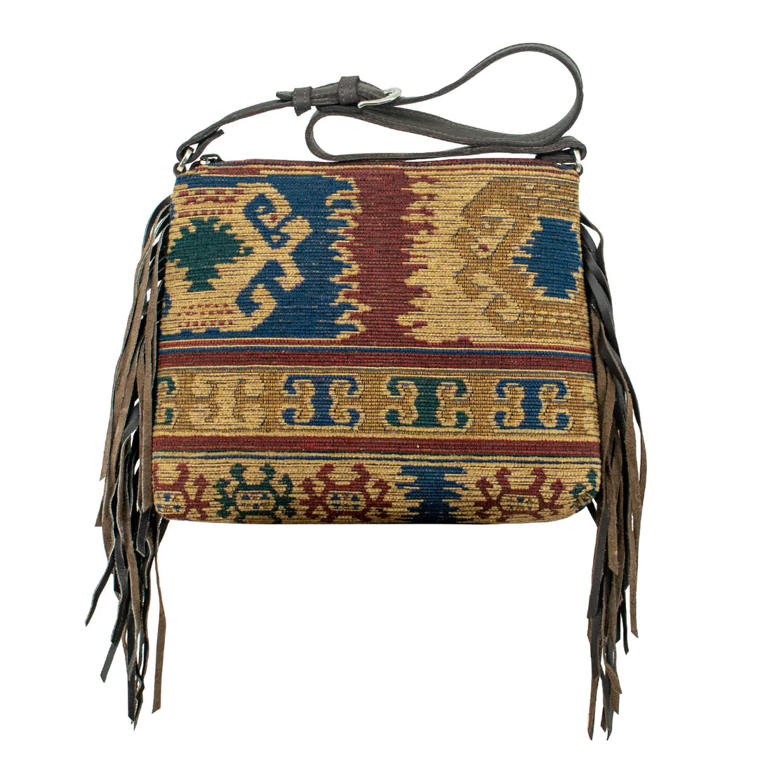 Tapestry & Leather Fringe Crossbody - BELLISIMA HANDBAGS USA