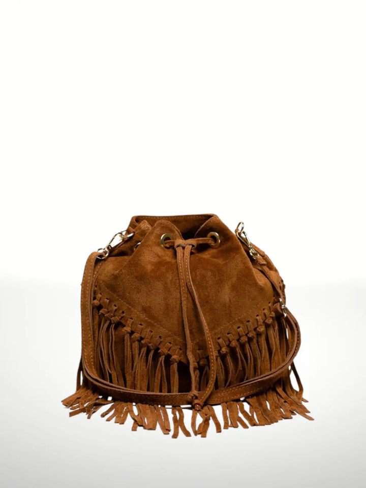 Italian Leather Bucket Fringe Shoulder Bag - BELLISIMA HANDBAGS USA