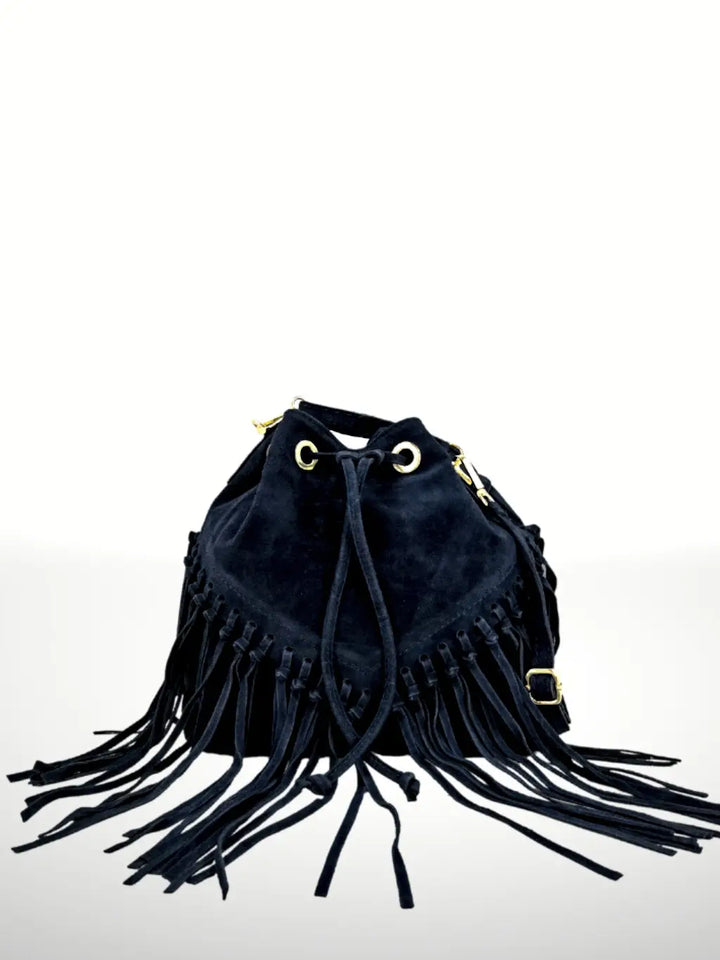 Italian Leather Bucket Fringe Shoulder Bag - BELLISIMA HANDBAGS USA