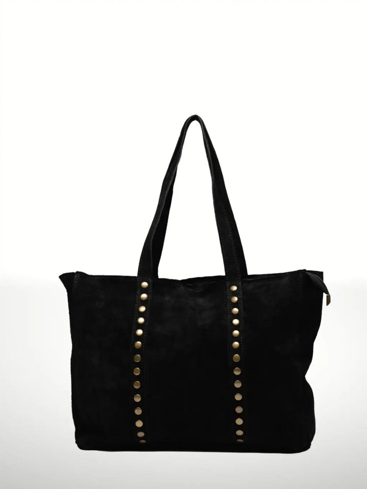 Front view of a handcrafted Italian artisan leather shoulder bag with a minimalist silhouette, made in Italy.