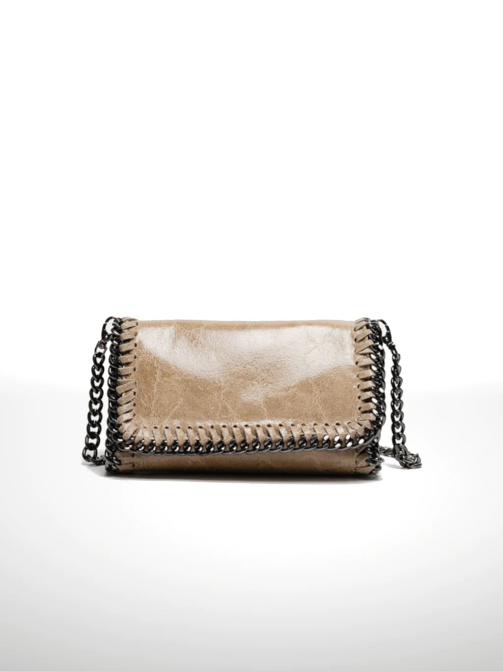 Front view of a handcrafted Italian artisan suede leather handbag with braided chain detailing, made in Italy.